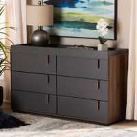Baxton Studio BR3COD3061-Columbia/Dark Grey-Dresser Rikke Modern and Contemporary Two-Tone Gray and Walnut Finished Wood 6-Drawer Dresser